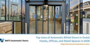 Automatic bifold doors installed in modern Dubai hotels, offices, and retail spaces showcasing sleek glass entry systems and smart commercial design in 2026